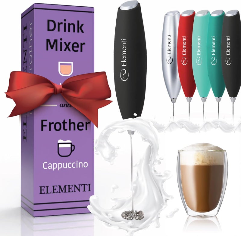 Elementi Drink Mixer Handheld - Electric Stirrer and Powerful Protein Powder Mixer Wand, Easy-to-Use Mini Frother Wand for Quick Delicious Cocktails, Milk Frother and Coffee Stirrers (Black) - Image 1